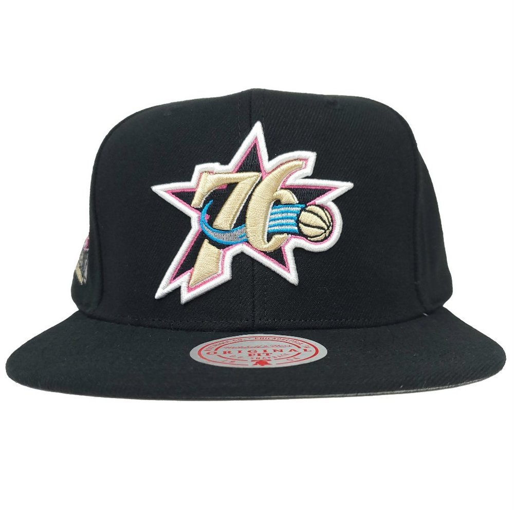 Philadelphia 76ers Mitchell & Ness NBA Snapback Hat Neon 3D Logo Black Cap NWT